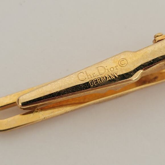 Christian Dior Tie Bar Clip Clasp Gold Black Tone Logo Vintage Designer Germany - Picture 3 of 5